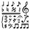 Black music notes. Doodle note, musical key or clef. Tune or song elements, sketch symphony. Isolated art drawing for