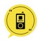 Black Music player icon isolated on white background. Portable music device. Yellow speech bubble symbol. Vector