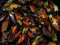 Black mussel in tomato sauce food background