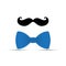 Black mustache and blue bowtie on white background