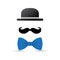 Black mustache, hat and blue bowtie on white background