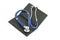 Black netbook and medical stethoscope on white