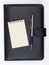 Black note book and open note book with pen