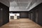 Black office corridor, wooden reception table