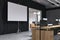 Black office interior, screen for presentations