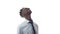 Black office worker a man screaming upset while looking up in the studio, a white background. Man in an office suit