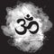 Black Ohm symbol on hand-drawn grange background, indian Diwali spiritual sign Om. Print, tattoo, yoga, spirituality, textiles