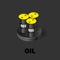 Black oil barrels with a yellow cap. Oil production isometric icon. Stock vector illustration on a dark background.
