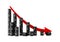 Black oil or fuel barrels with red falling stock chart curve, oil price decline or crisis concept