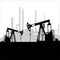 Black oil pump jack silhouette and factory view. Petroleum industry. Vector template for web, infographics or interface design.