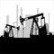 Black oil pump jack silhouette and factory view. Petroleum industry. Vector template for web, infographics or interface design.