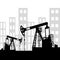 Black oil pumpjack silhouette and industrial city view. Petroleum industry. Vector template for web, infographics or interface