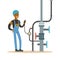 Black oilman worker on an oil pipeline controlling gauges, transportation of oil and petrol vector illustration