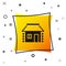 Black Old Ukrainian house hut icon isolated on white background. Traditional village house. Yellow square button. Vector