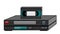 Black old vintage retro vintage hipster vintage video recorder with video cassette standing on a VCR for watching movies, videos f