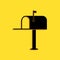 Black Open mail box icon isolated on yellow background. Mailbox icon. Mail postbox on pole with flag. Long shadow style