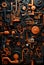A black and orange background with many pipes and valves, AI