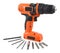 Black and Orange Drill/Impact Driver Isolated on White Background with an Array of Drill Bits. Contains Clipping Path.