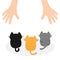 Black, orange, gray kittens looking up to human hand. Cute cartoon funny character. Animal hug. Adopt me. Helping hands concept. R