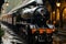 A black and orange train on a train track. Generative AI image.