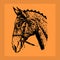 Black ornate-silhouette stallion. Head in orange frame,