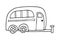 Black outline camper trailer line art. Camping car art. Summer camper family traveling. Vector illustration.