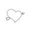 Black outline heart pierced with arrow on white background