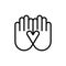 Black outline icon human hand and heart shape. Concept of love, cooperation, solidarity. Vector illustration, flat design