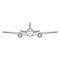 Black outline isolated airplane on white background. Line front view of aeroplane.