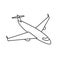 Black outline isolated airplane on white background. Line side view of aeroplane.