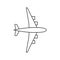 Black outline isolated airplane on white background. Line View from above of aeroplane.