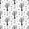 Black outline seamless pattern in modern mystical style. Vector boho illustrations. Hand drawn broom, gothic tree