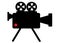 A black outline silhouette symbol shape of an old cine vintage film video playback camera white backdrop