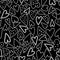 Black with outlined white hearts and dots seamless pattern background design.