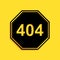 Black Page with a 404 error icon isolated on yellow background. Template reports that the page is not found. Long shadow