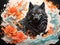 Black painted wolf with a roses on background. AI Generated