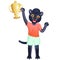 The black panther girl in sport uniform cheering with goblet is on the white background