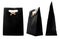 Black paper bag isolated on white background. Side, front, three-quarter view