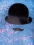 Black paper mustache, hat Mock up against blue background, Copy space Top view Gentleman card, Fathers Day concept