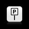 Black Parking icon isolated on black background. Street road sign. Silver square button. Vector