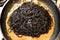 Black pasta squid ink pan up view italian taglierini al nero di seppia