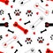 Black paw prints, bone with red heart seamless pattern for fabric design background