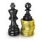 Black pawn standing on coins and black king, placed in the same plane