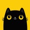 Black peeking kitten face. Cat head silhouette with yellow eyes. Cute cartoon character. Kawaii funny animal. Baby greeting card.