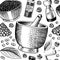 Black pepper seamless pattern in Vintage style. Mortar and pestle, Allspice or peppercorn, Mill and dried seeds. Herbal