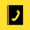 Black Phone book icon isolated on yellow background. Address book. Telephone directory. Long shadow style. Vector
