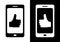 Black phone on white background and white phone on black background with symbol thumb up. Flat icon of smartphone. Vector