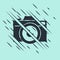 Black Photo camera icon isolated on green background. Foto camera icon. Glitch style. Vector Illustration