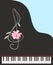 Black piano with an open keyboard, treble clef in the shape of flower. Vertical greeting card or poster in vector. Space for text