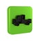 Black Pickup truck icon isolated on transparent background. Green square button.